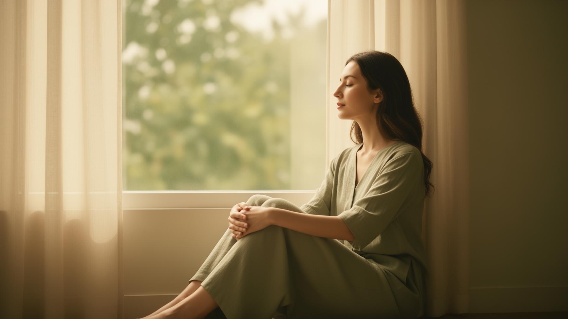 A woman sitting peacefully by a sunlit window in soft natural light