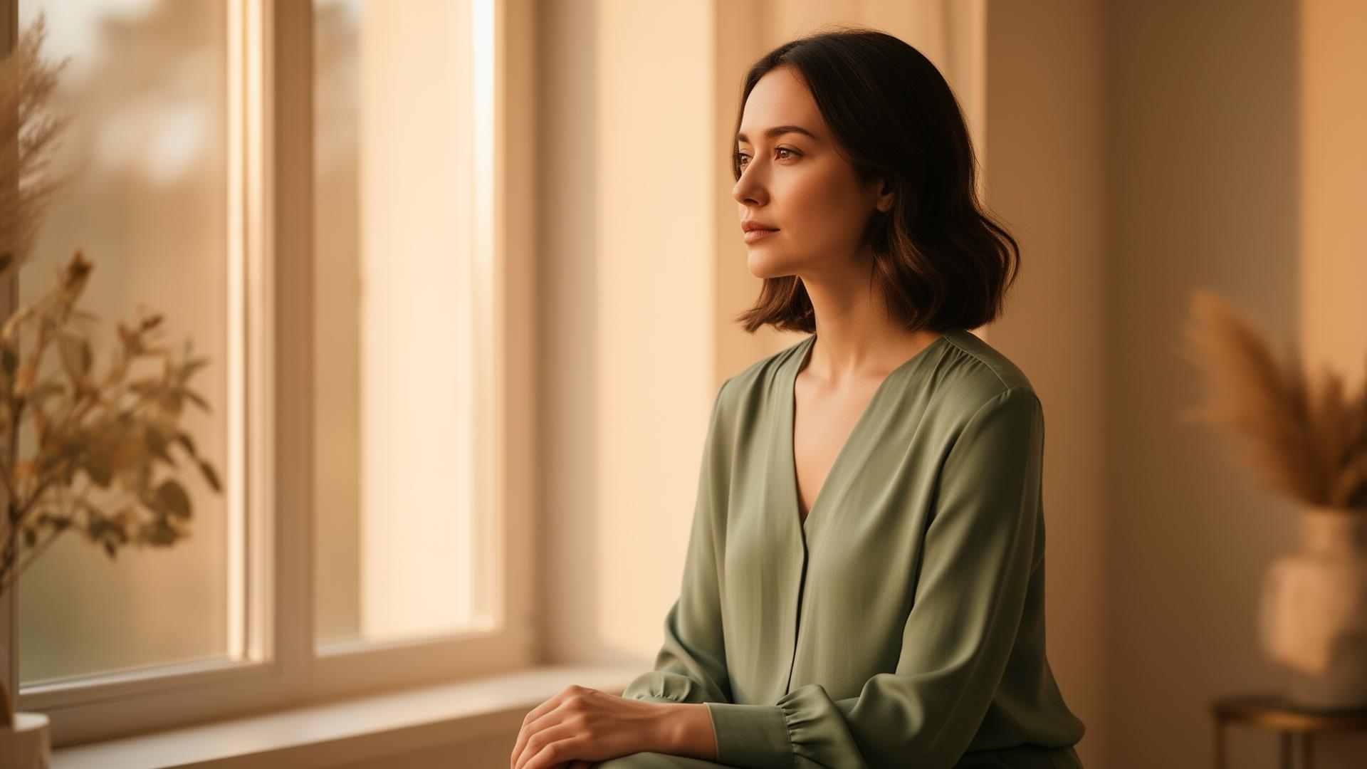 A calm reflective woman sitting near a window